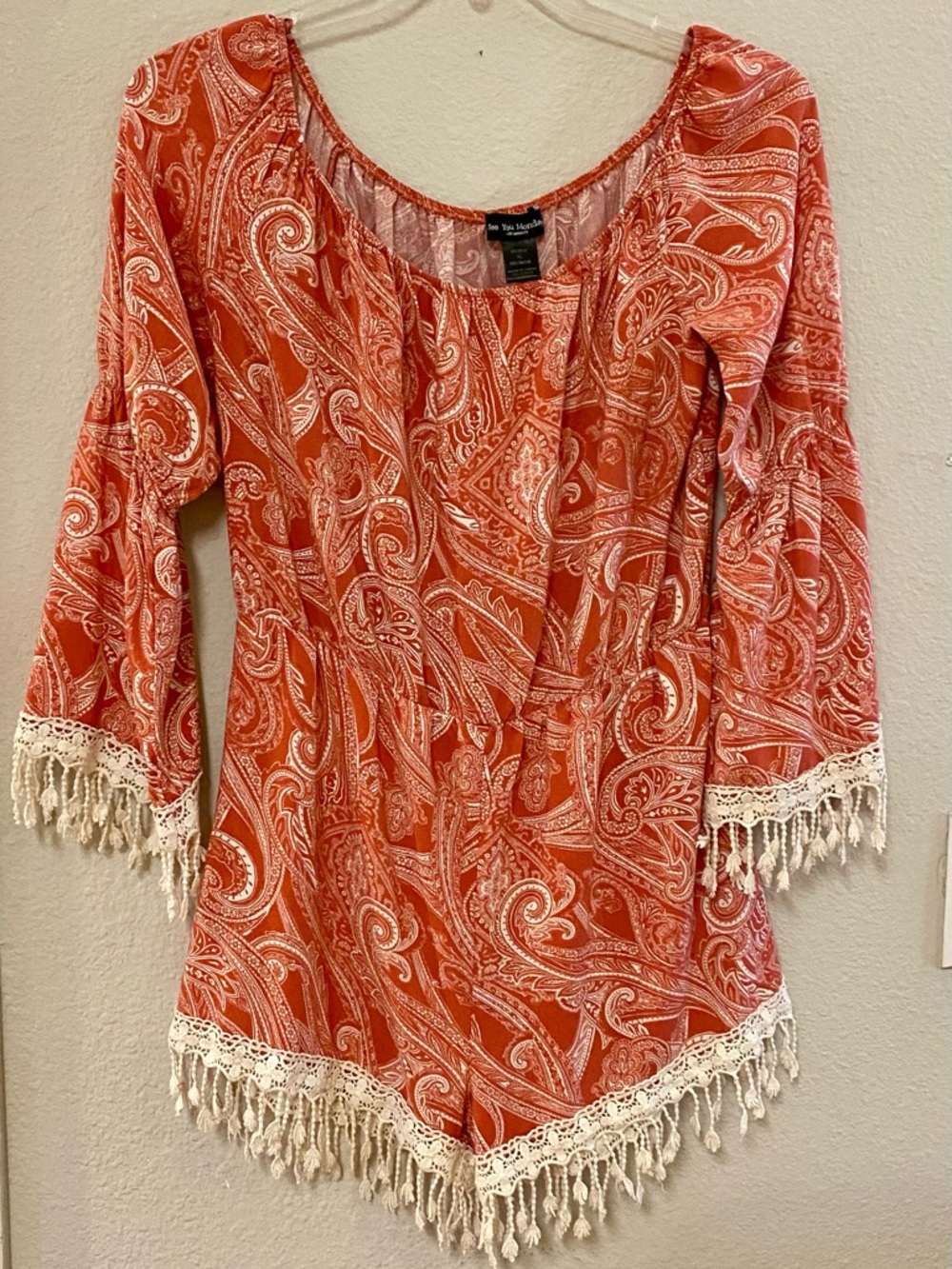 See You Monday Orange Paisley Crochet-Trim Romper - Size XL - EUC!
